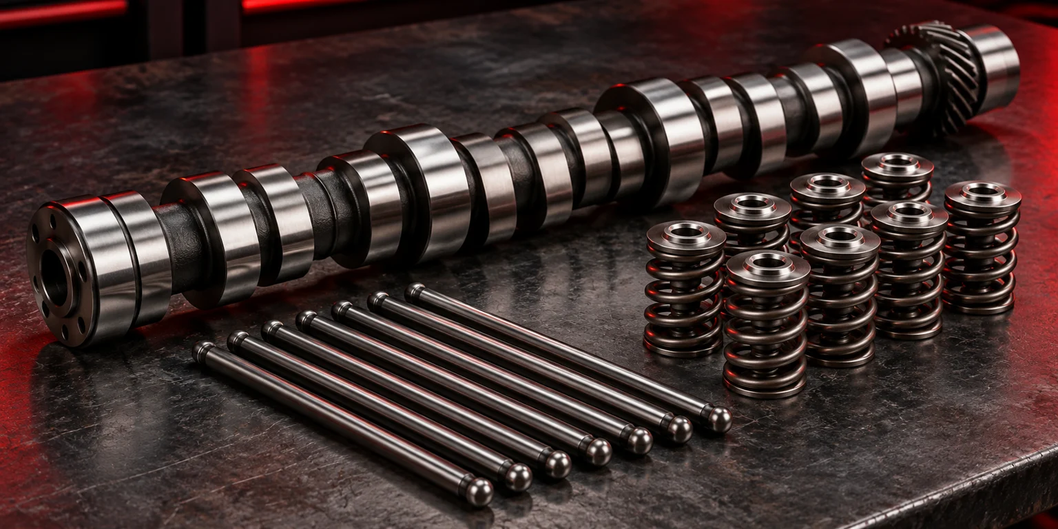 Illustration of an LS-style camshaft, valve springs, and pushrods for a cam upgrade